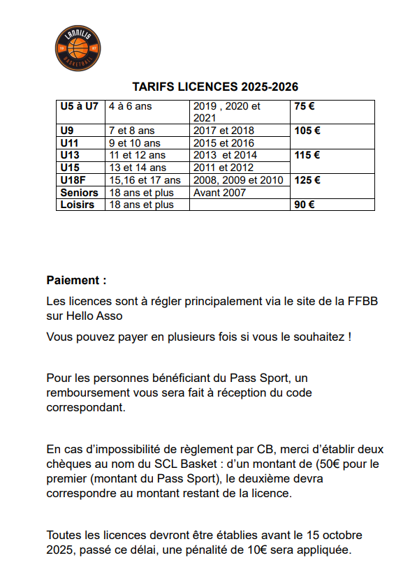 Tarifs licences 2025-2026